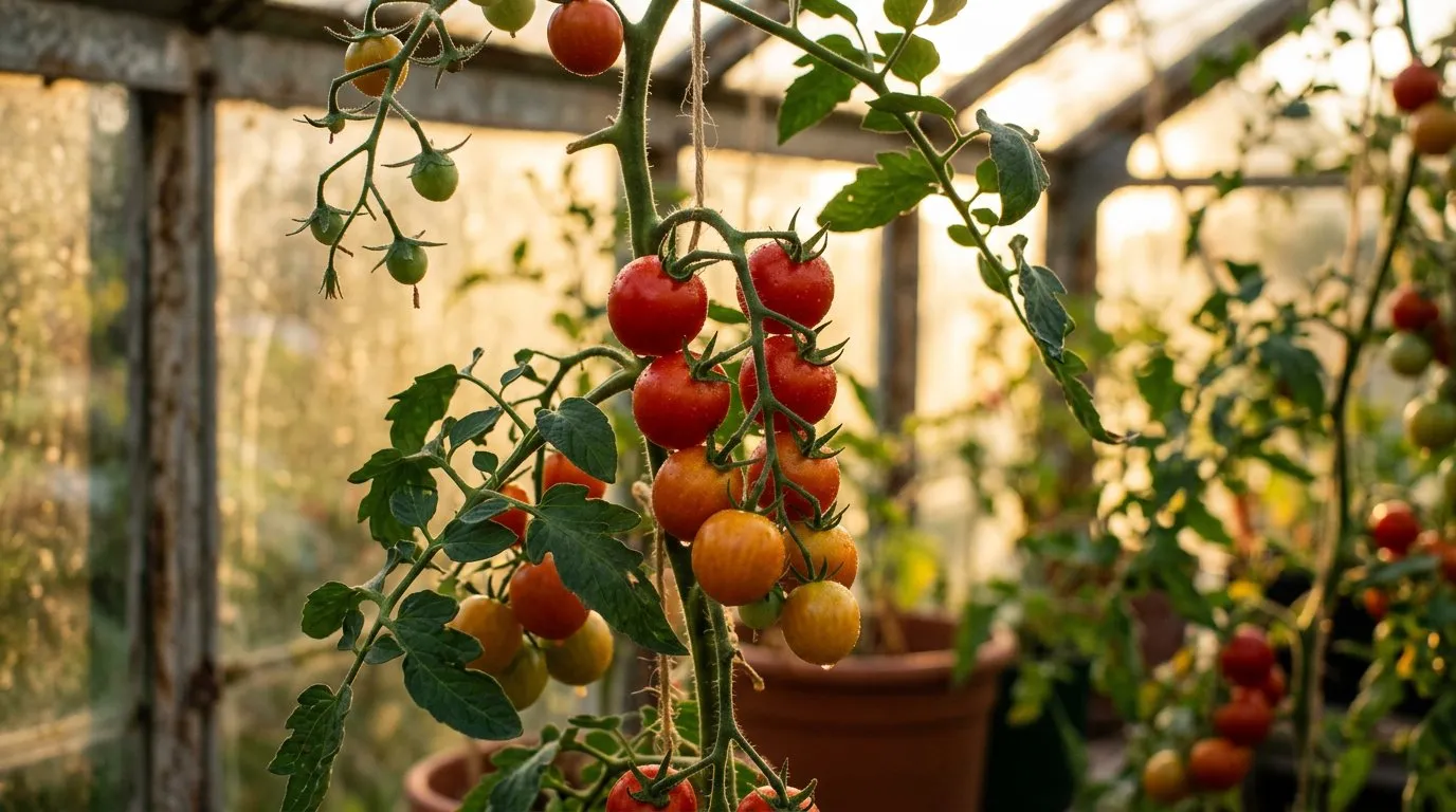 Homegrown vegetable cherry tomatoes ripening on the vine in a UK greenhouse with golden hour light