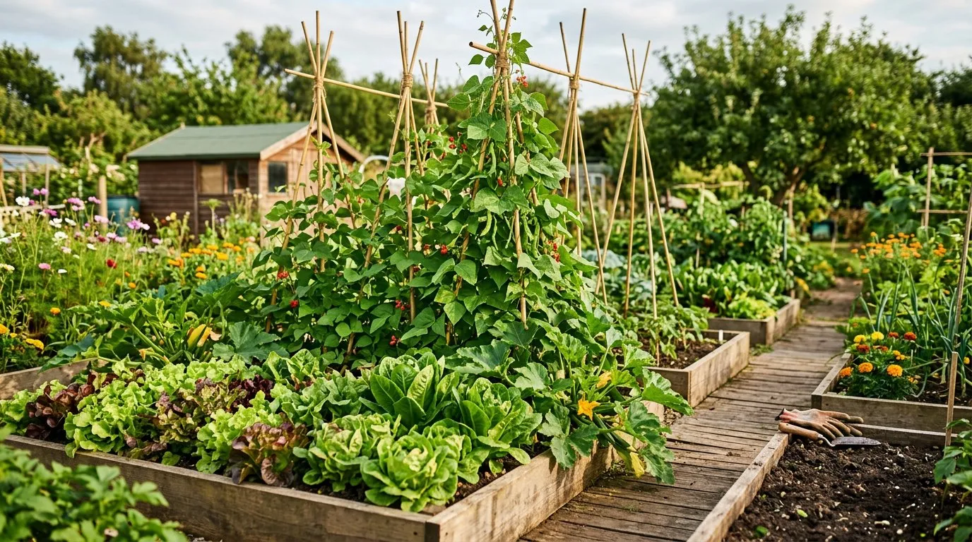 Productive UK vegetable garden with raised beds of lettuces, courgettes, and runner beans in warm summer light