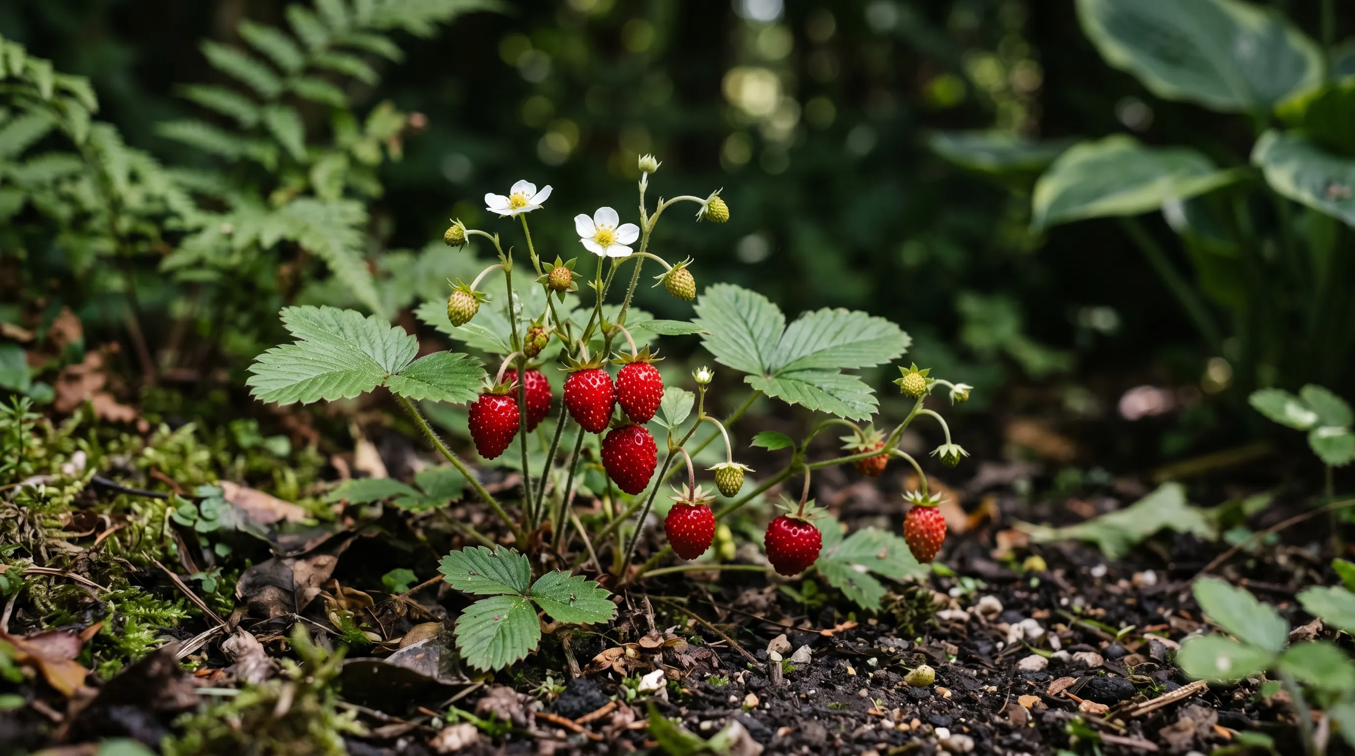 Alpine strawberry Mignonette in flower and fruit at base of UK shaded garden bed showing tiny intense red berries