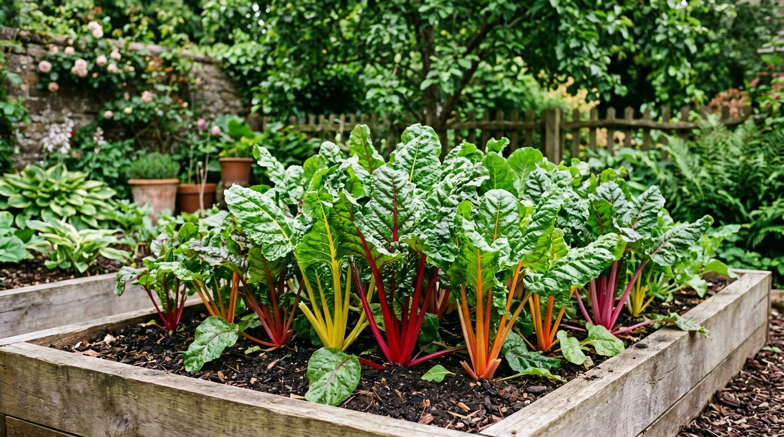 Cut-and-come-again chard Bright Lights variety thriving in UK shaded raised bed showing red yellow and pink stems