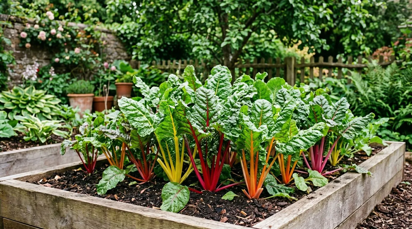 Cut-and-come-again chard Bright Lights variety thriving in UK shaded raised bed showing red yellow and pink stems
