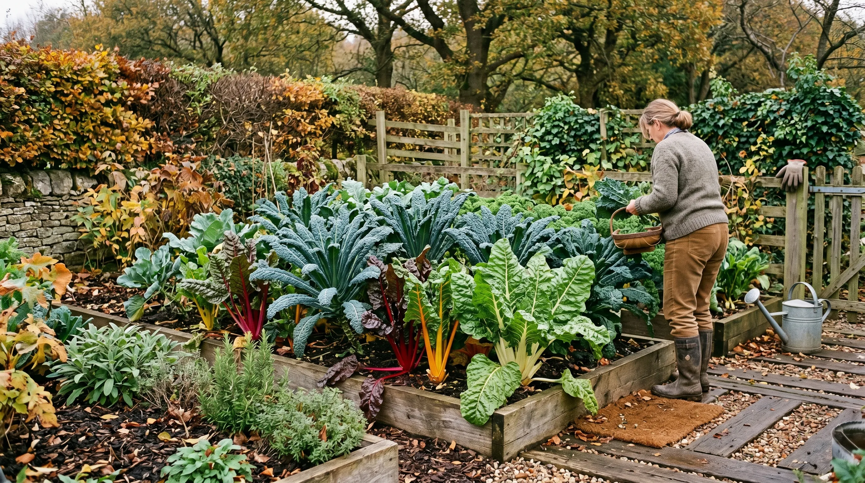 North facing UK shaded garden plot in autumn showing late-season kale and chard still cropping while sunny plot has bolted