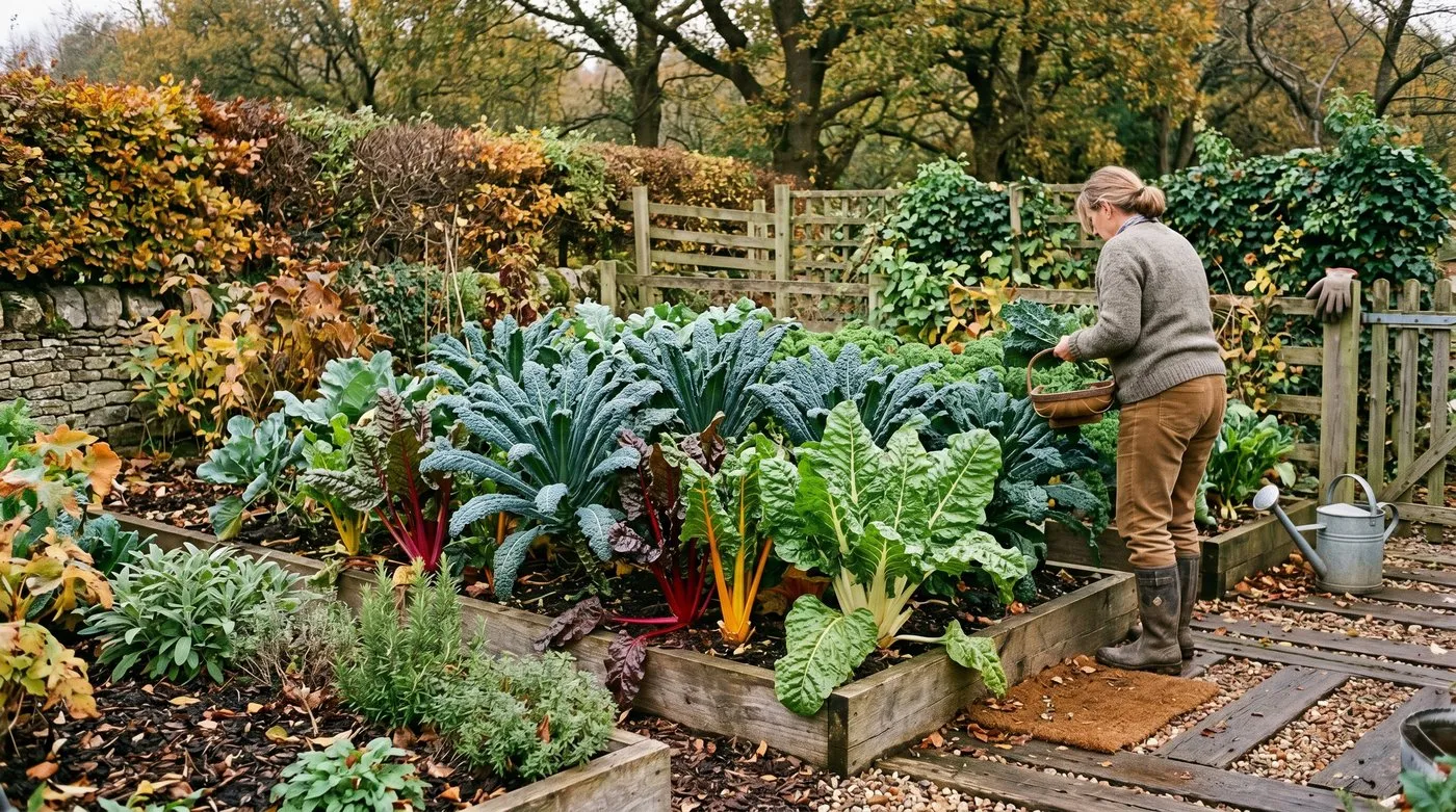North facing UK shaded garden plot in autumn showing late-season kale and chard still cropping while sunny plot has bolted