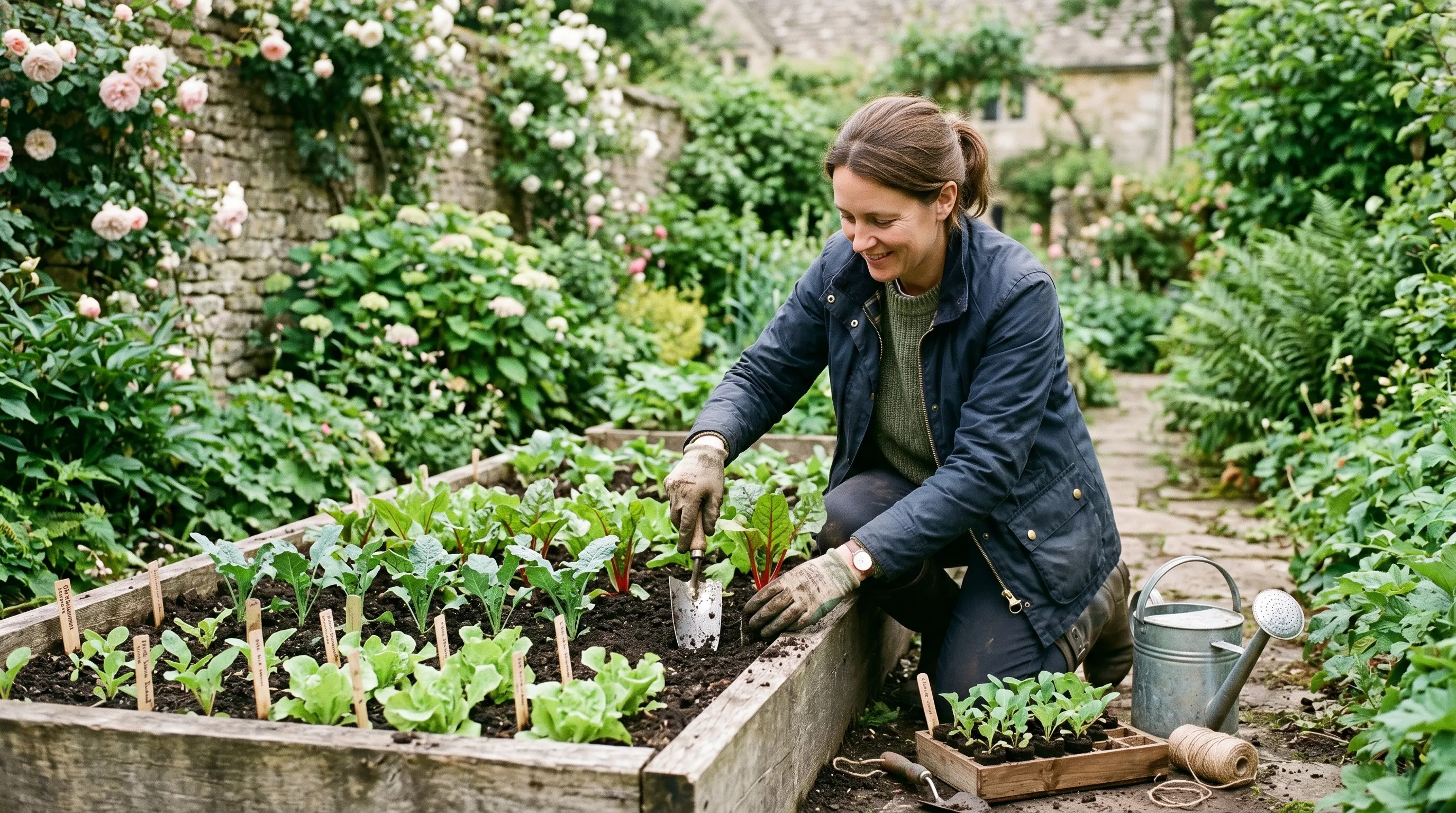 UK gardener planting shade vegetables in north facing raised bed in early summer with chard kale and lettuce seedlings