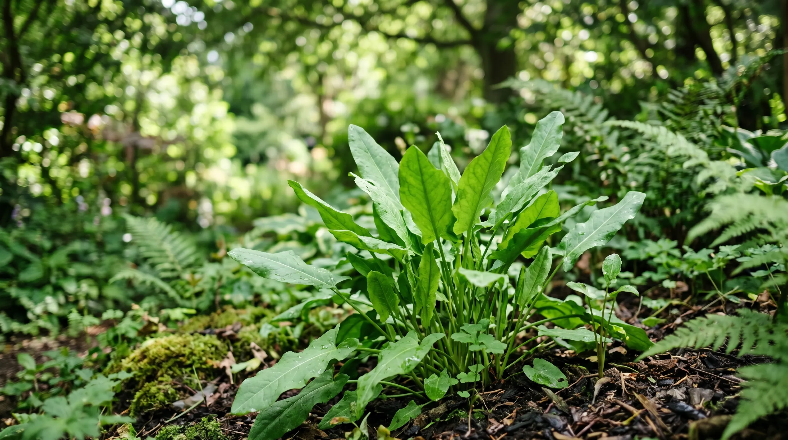 Sorrel Rumex acetosa thriving in UK shaded garden bed late summer with green leaves preferred over full sun