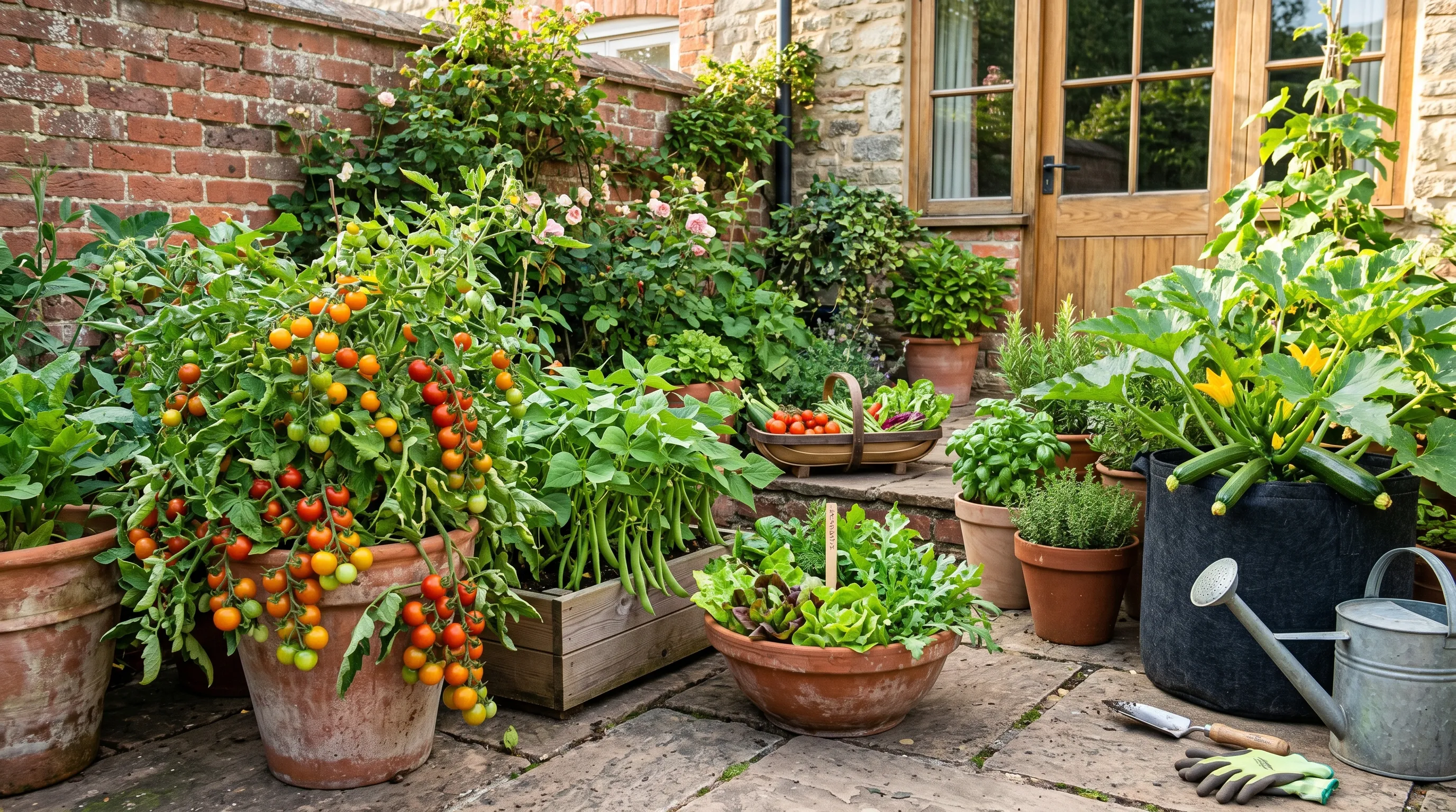 UK patio garden with terracotta and recycled containers planted with tomatoes, runner beans, salad leaves, courgettes and herbs in late summer abundance