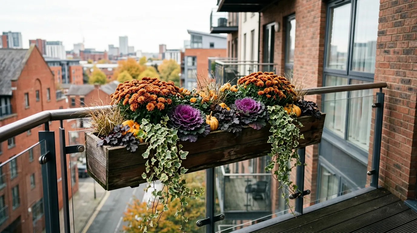 A 60cm autumn window box with bronze chrysanthemums, ornamental cabbage and ivy on a Manchester flat balcony