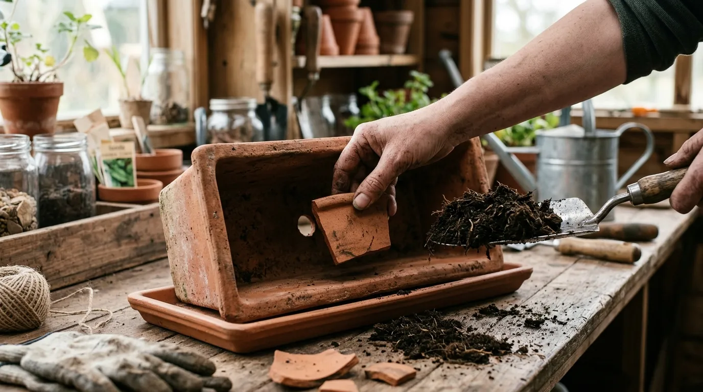 Hands placing broken clay crocks over drainage holes in a terracotta window box on a workbench