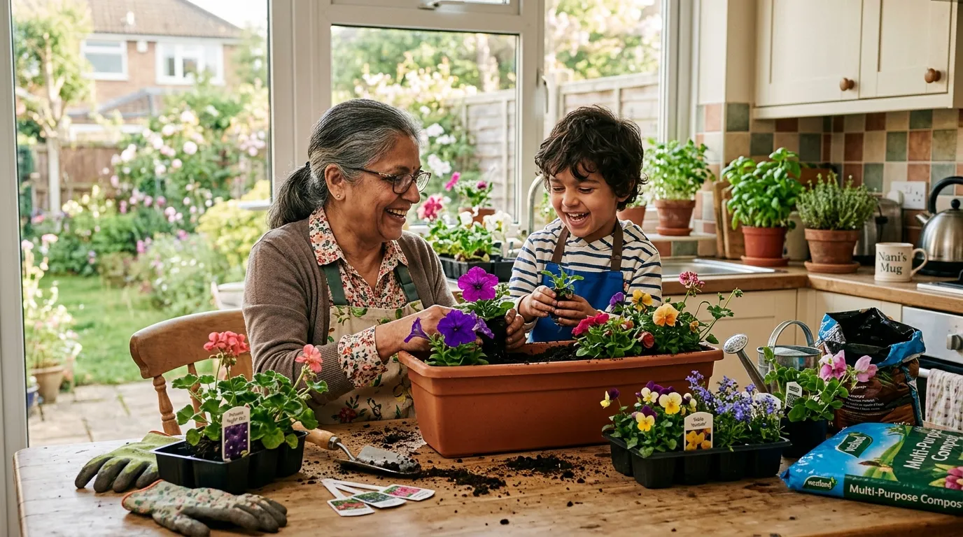 An Indian British grandmother and grandchild planting up a window box on a UK kitchen table