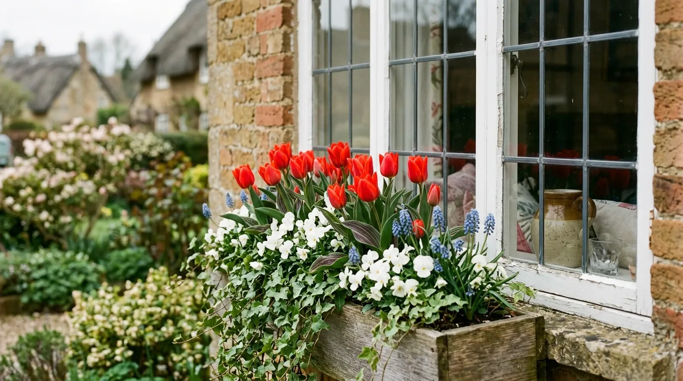 A 60cm spring window box with dwarf tulips, white pansies, blue muscari and trailing ivy on a Cotswold cottage windowsill