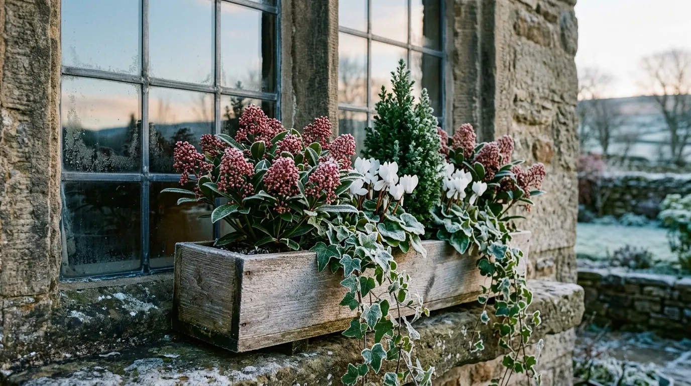 A planted-up winter window box with skimmia, cyclamen and dwarf conifer on a frosty Yorkshire windowsill