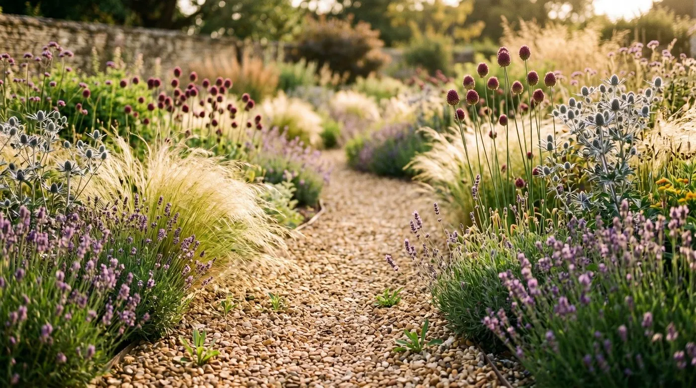 Beth Chatto dry garden style gravel planting with stipa grasses, eryngium, and verbascum in a UK garden setting