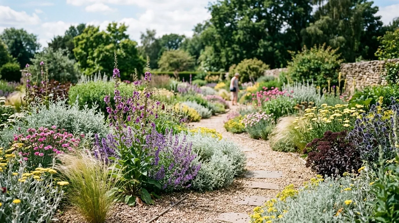 UK garden scene showing beth chatto dry garden in seasonal context