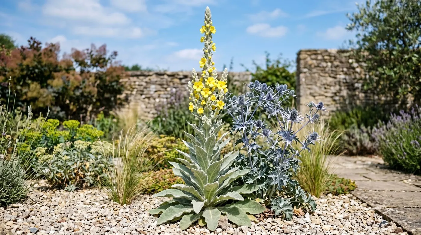 Beth Chatto style planting with verbascum and eryngium in gravel