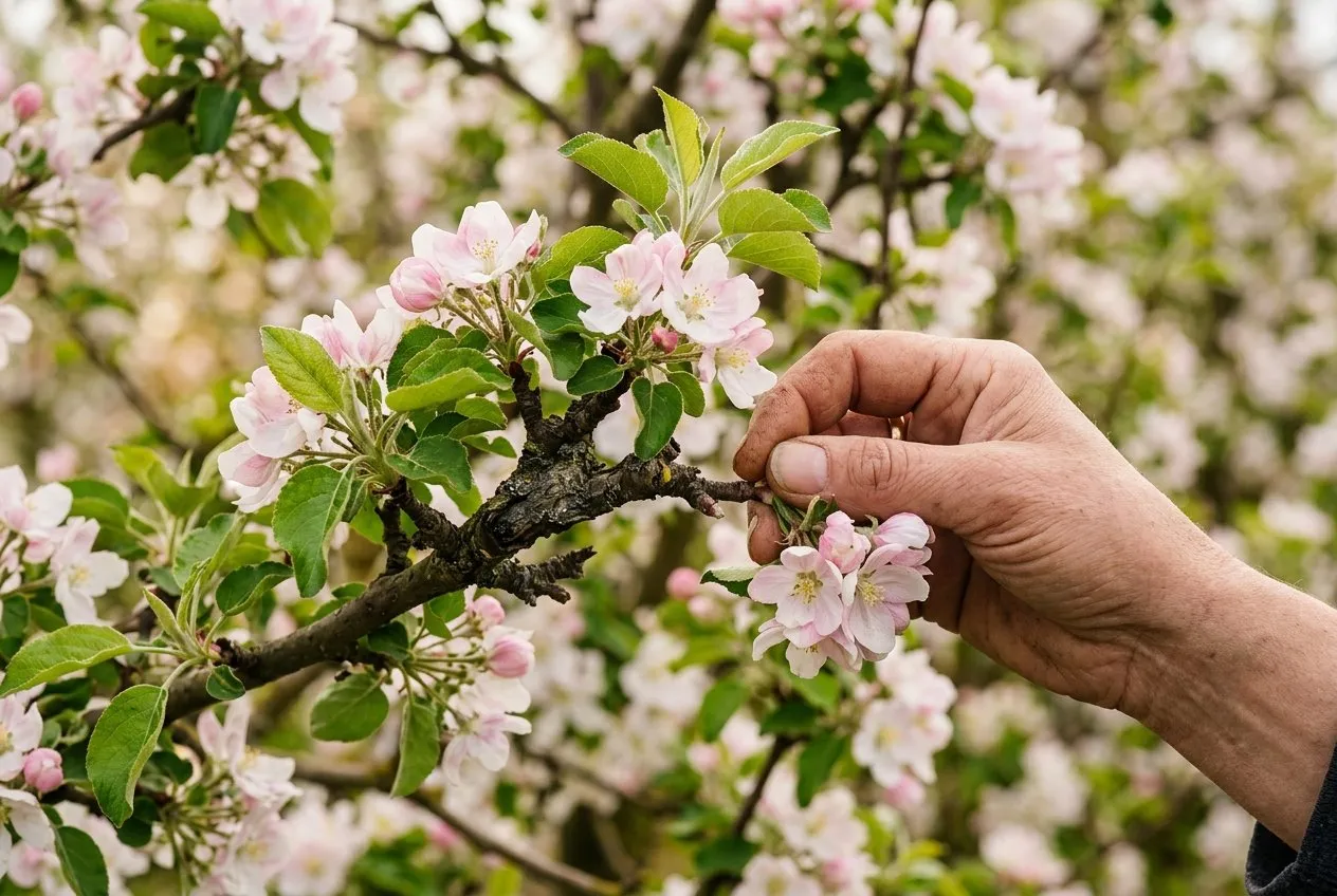 A hand removing apple blossom from a spur in spring to thin the crop on a biennial tree