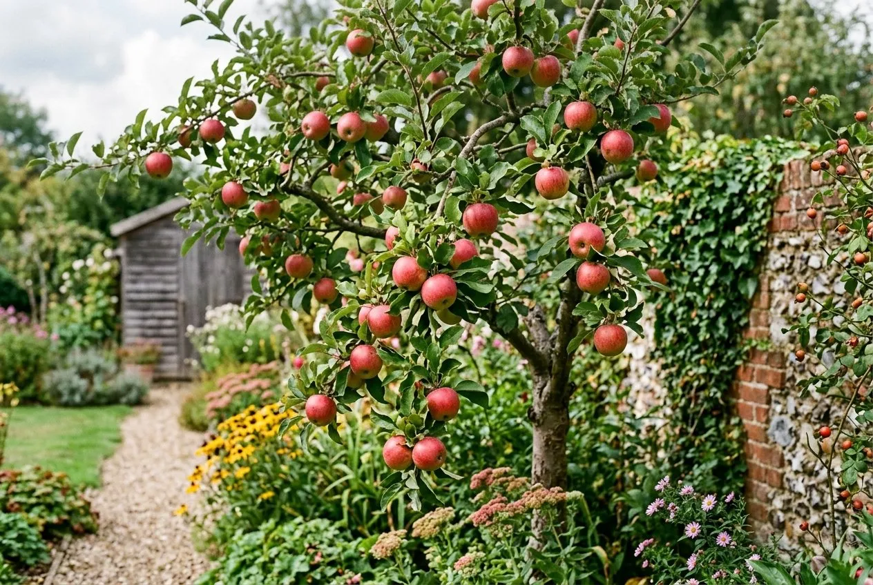 A garden apple tree carrying a moderate, even crop of well-spaced ripe apples after two seasons of thinning