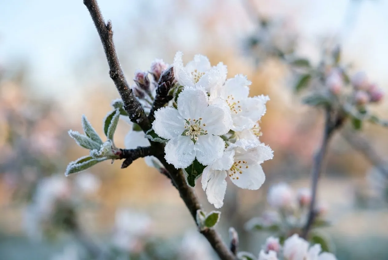Apple blossom covered in frost on a spring morning, the trigger that can start biennial bearing