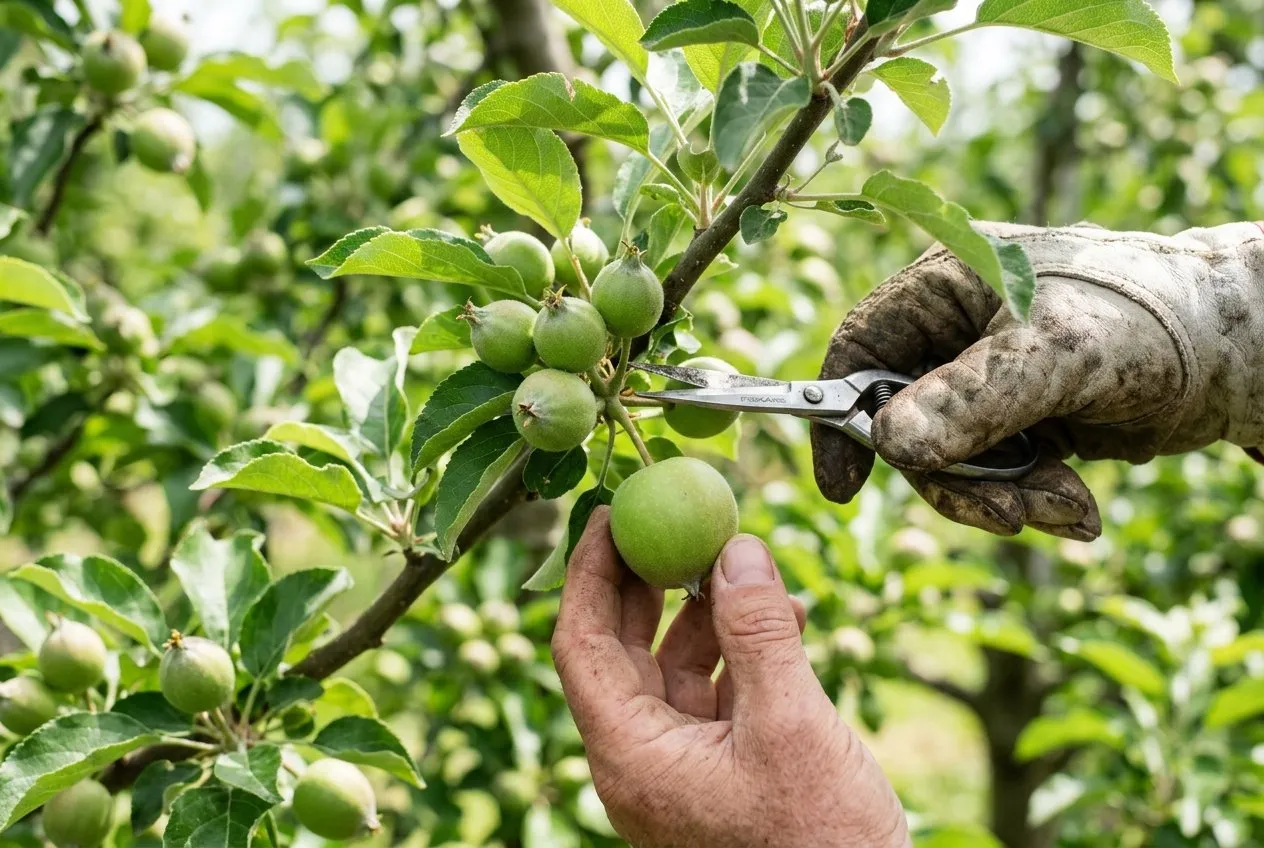 Young apple fruitlets being thinned with scissors in June to leave well-spaced single fruit per cluster