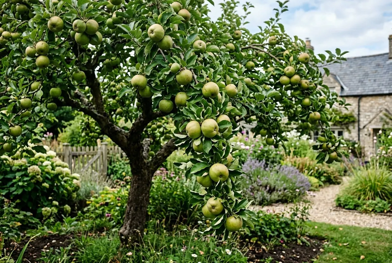 A Bramley apple tree carrying a heavy crop of large green cooking apples in late summer