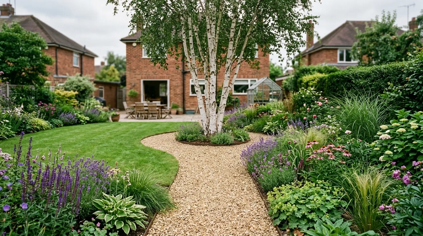 A redesigned UK back garden showing wide paths, a clear focal point and layered borders that avoid common garden design mistakes