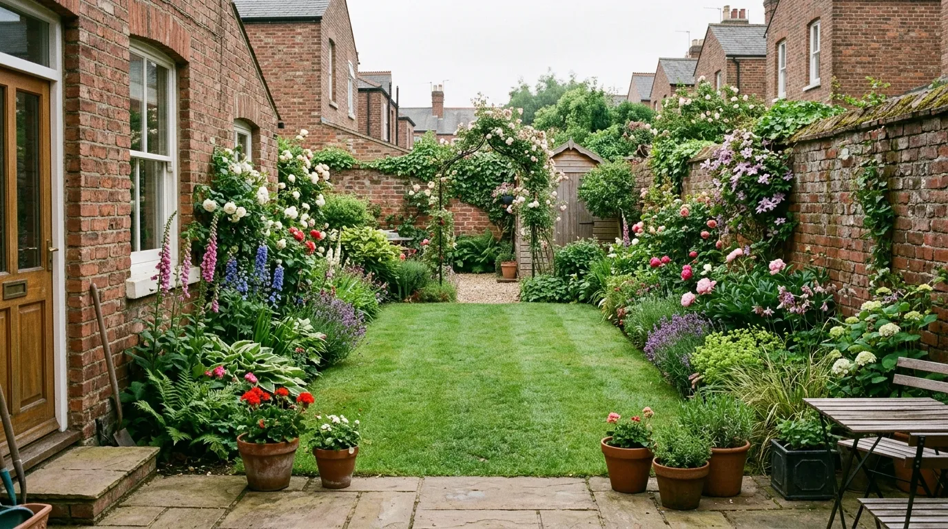 A UK back garden with a reduced lawn and wide planted borders showing a balanced 50 to 50 ratio