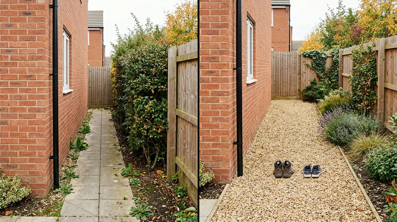 A narrow garden path beside a wide gravel path showing how 900mm differs from 1200mm in a UK garden