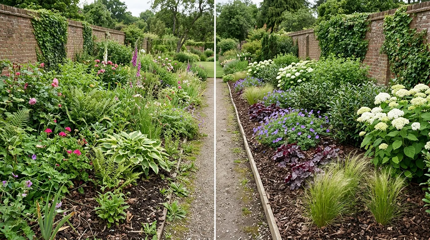 Three shrubs planted in a staggered triangle compared with four in a straight row in a UK border