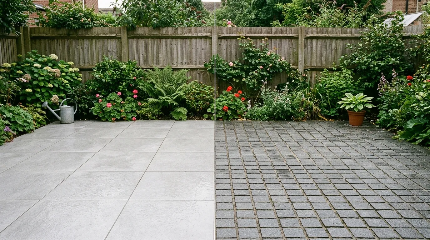 Large format 600mm paving slabs beside small 300mm setts showing the difference in scale on a UK patio
