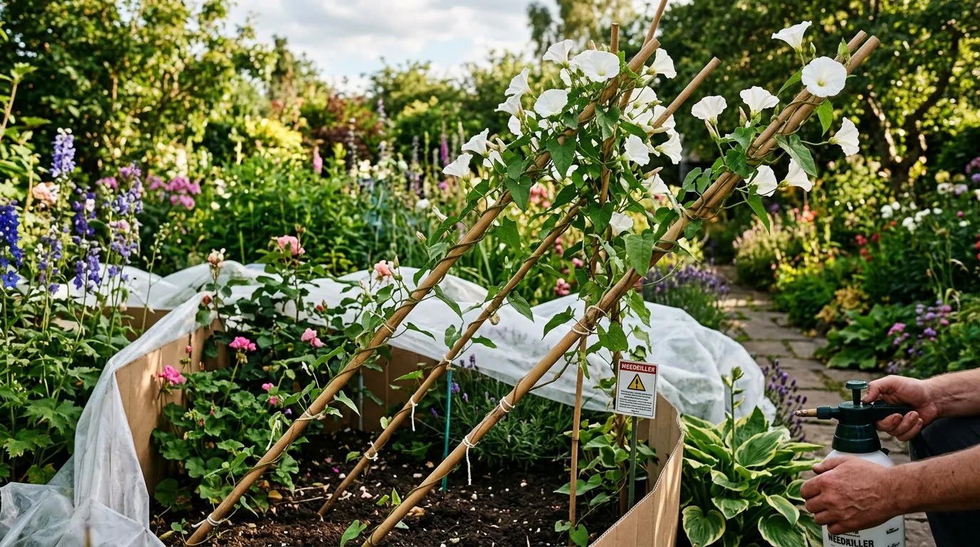 Bindweed trained up bamboo canes for targeted treatment in a UK garden