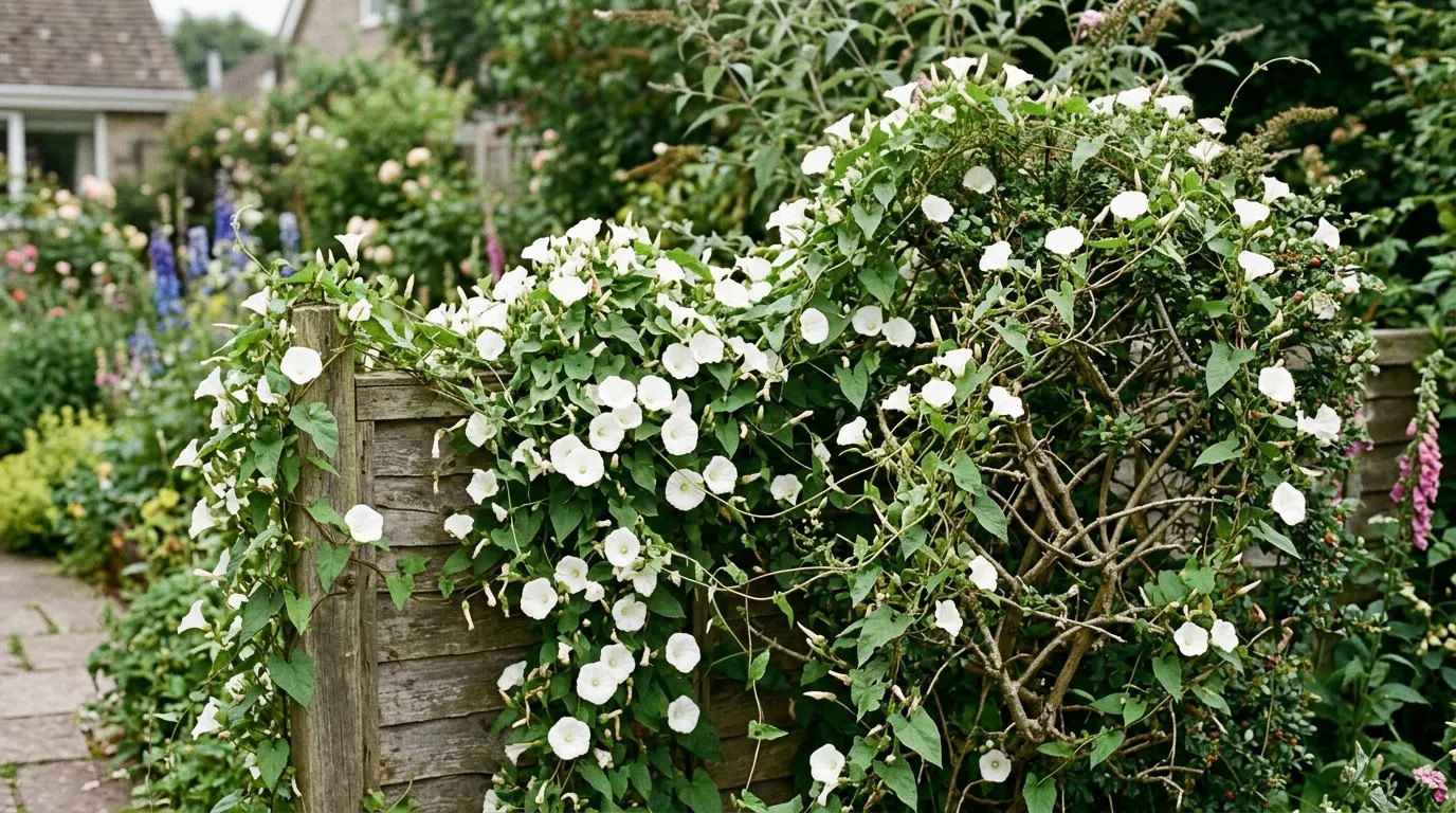 Bindweed with white trumpet flowers smothering a garden fence in a UK garden
