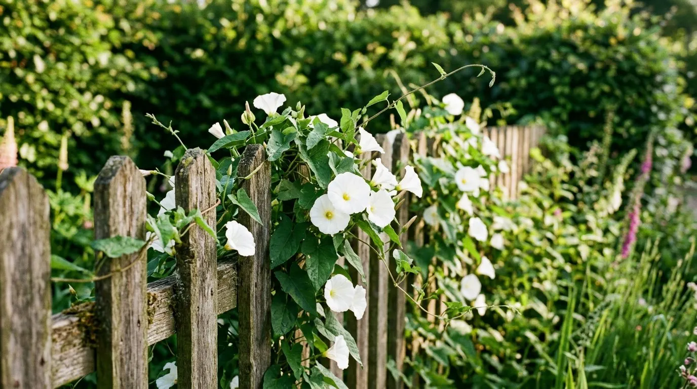Hedge bindweed with large white trumpet flowers twining tightly around garden fence posts and shrub stems