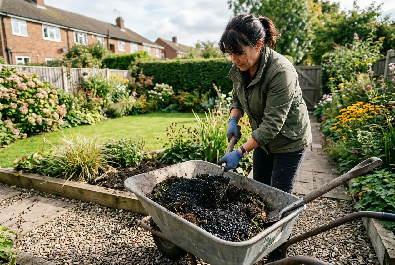 Biochar being mixed with compost in a wheelbarrow before garden application