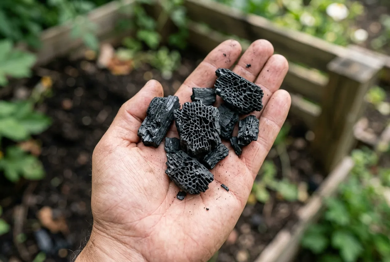Biochar pieces showing porous honeycomb structure held in a gardener's palm