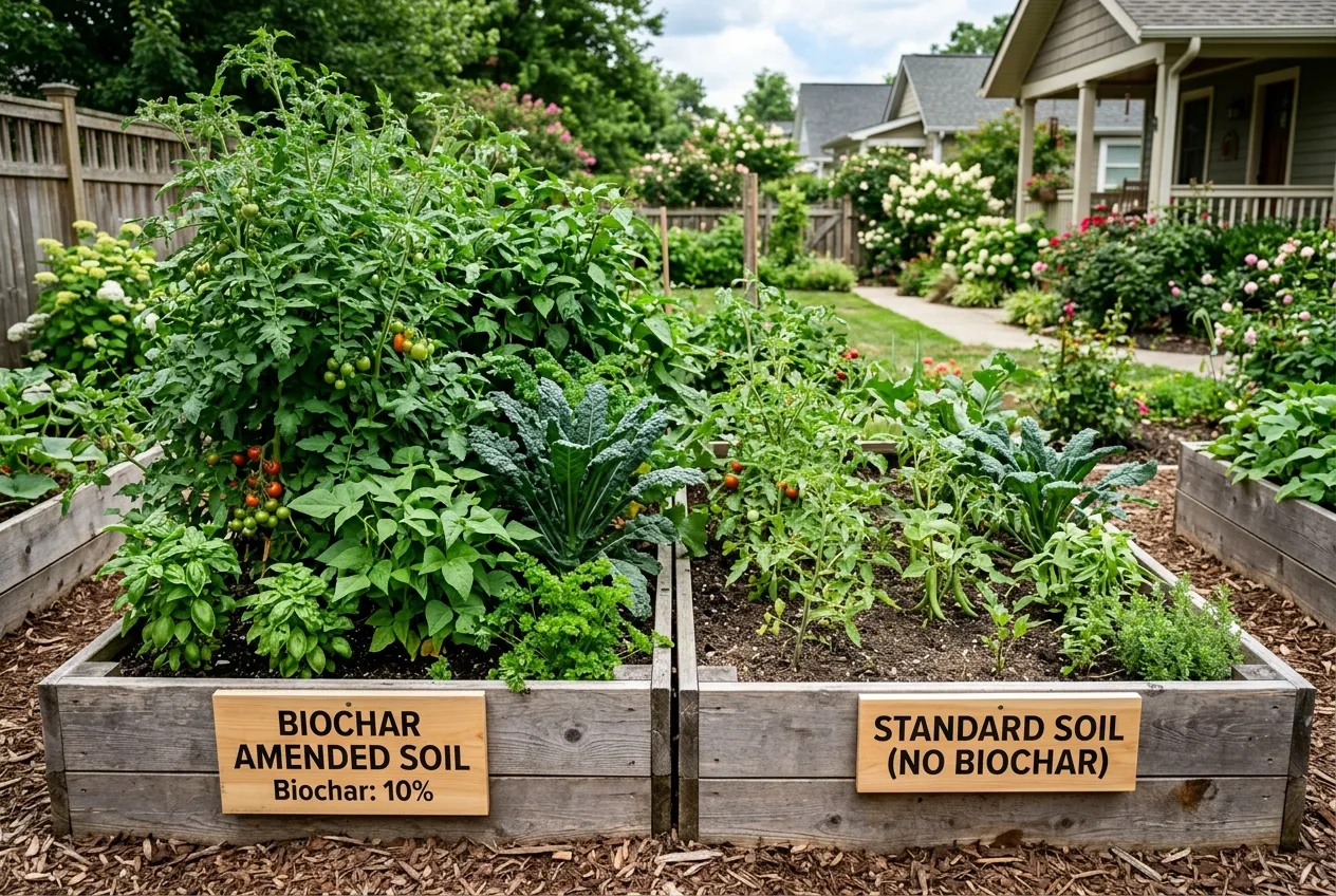 Side-by-side comparison of raised bed sections with and without biochar amendment