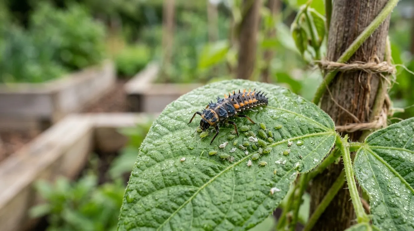 Biological pest control nematodes being applied to soil around vegetable plants in a UK garden