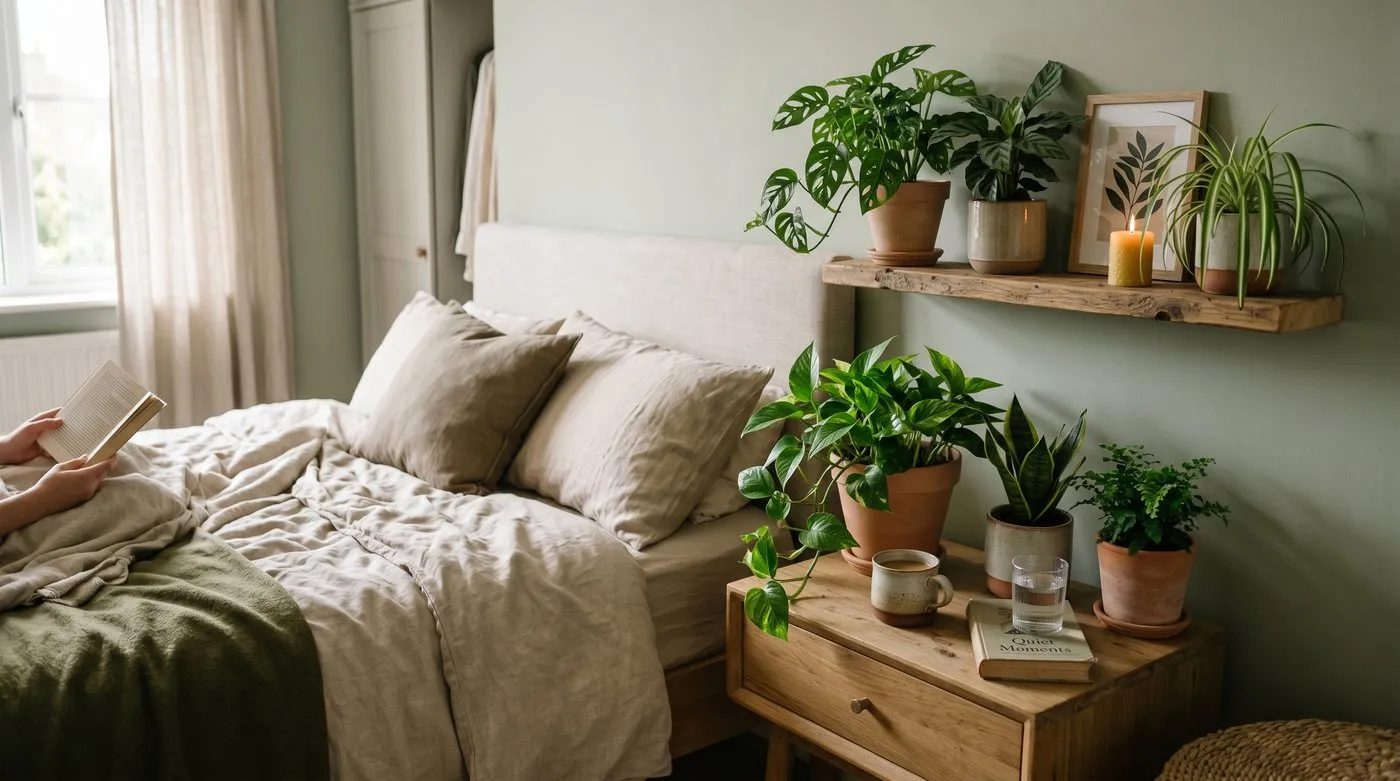 Calming foliage plants on a bedside table and shelf in a restful, softly lit bedroom