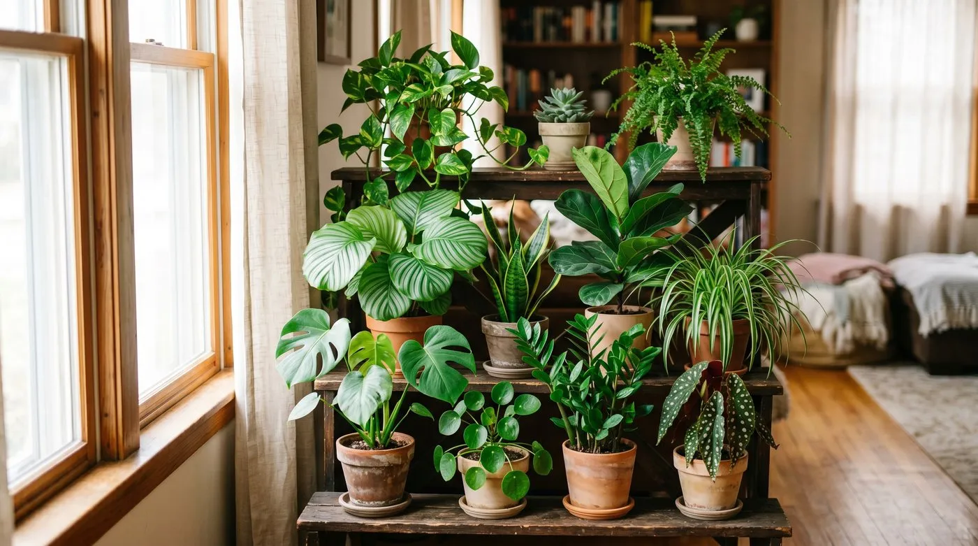 A tiered plant stand holding a cluster of houseplants of varied heights and leaf shapes