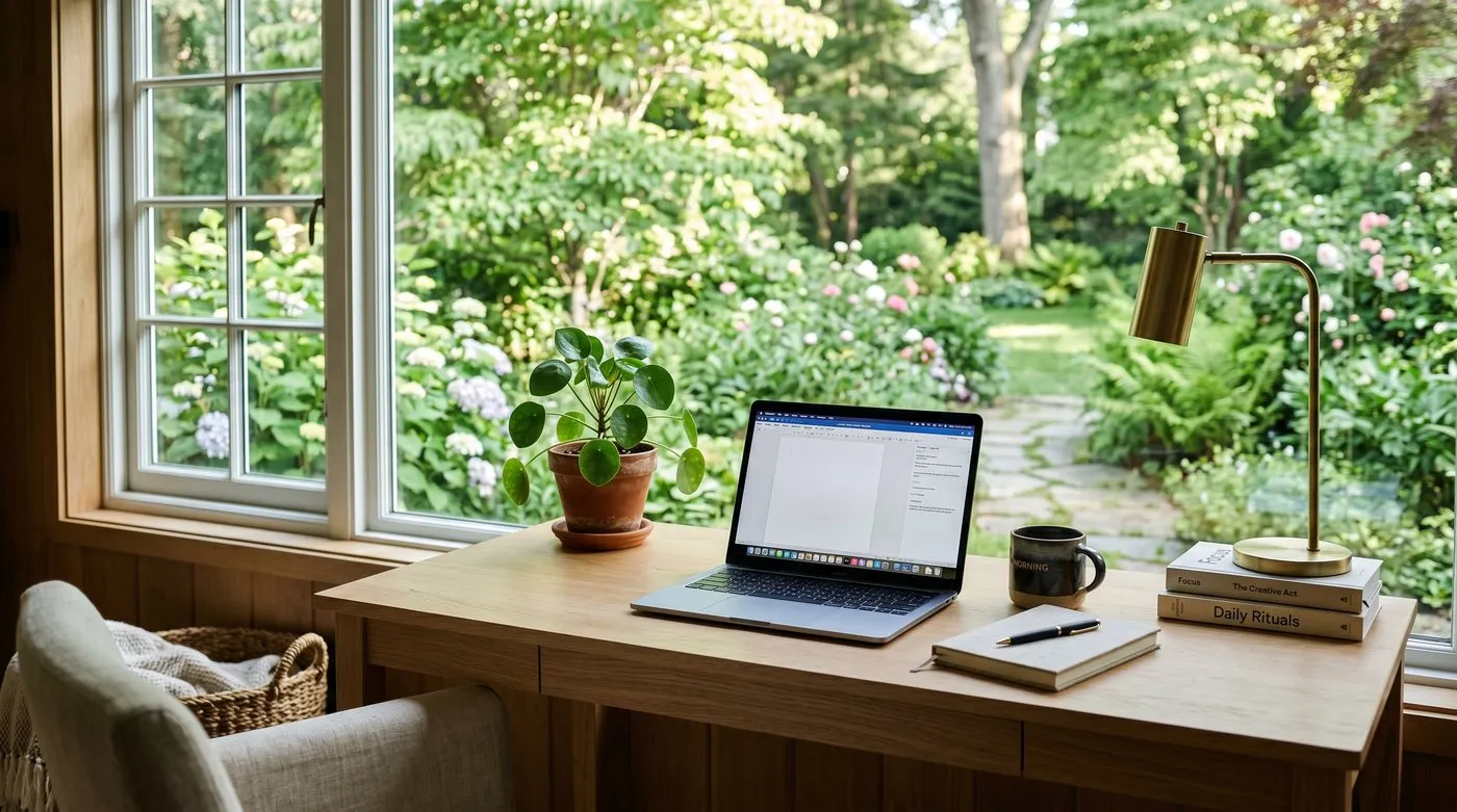 A home office desk positioned to look out over a green garden through a window