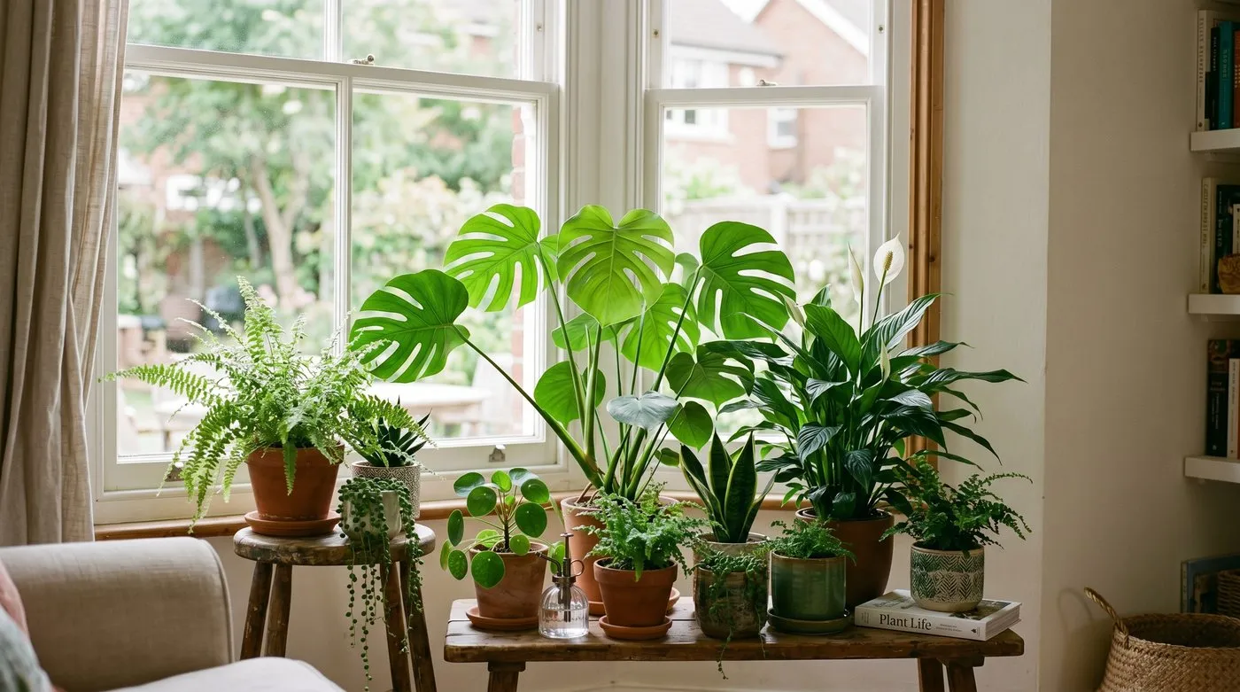 A calm, plant-filled living room with houseplants grouped by a large window
