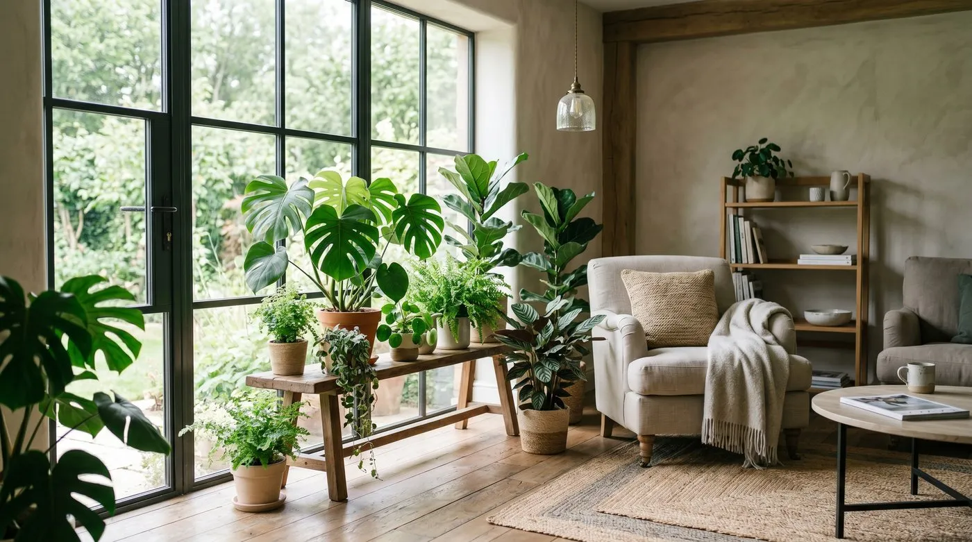 A calm, plant-filled living room with grouped houseplants by a large window