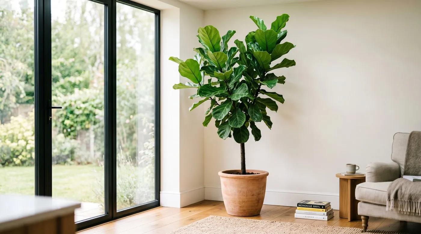 A large statement foliage plant filling a previously empty corner of a bright room