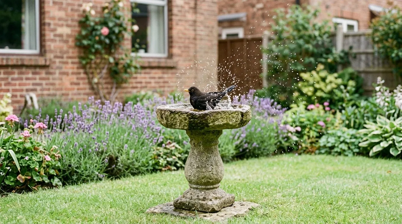 Stone pedestal bird bath with a blackbird bathing in a suburban UK garden in soft daylight