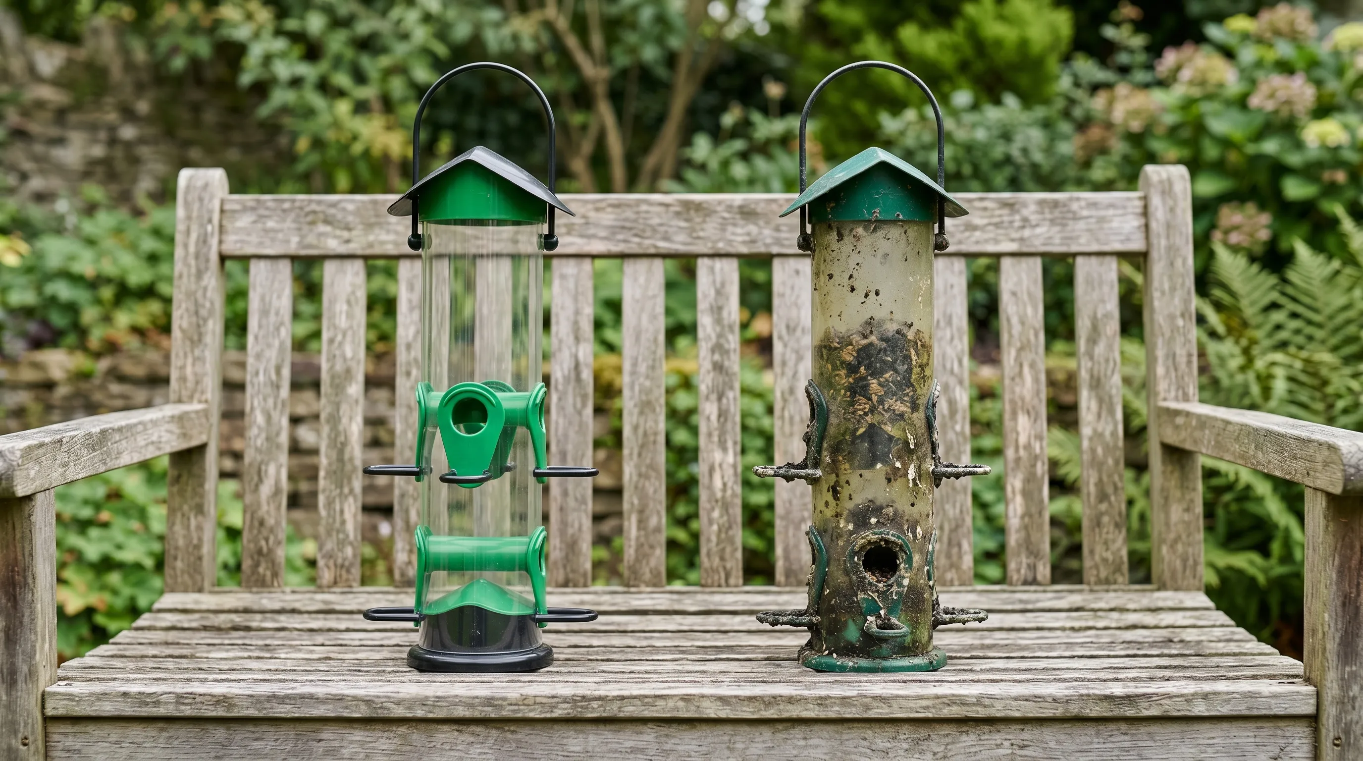 Two tube bird feeders side by side, one clean and bright, the other grimy with mouldy clumped seed and droppings caked around the ports