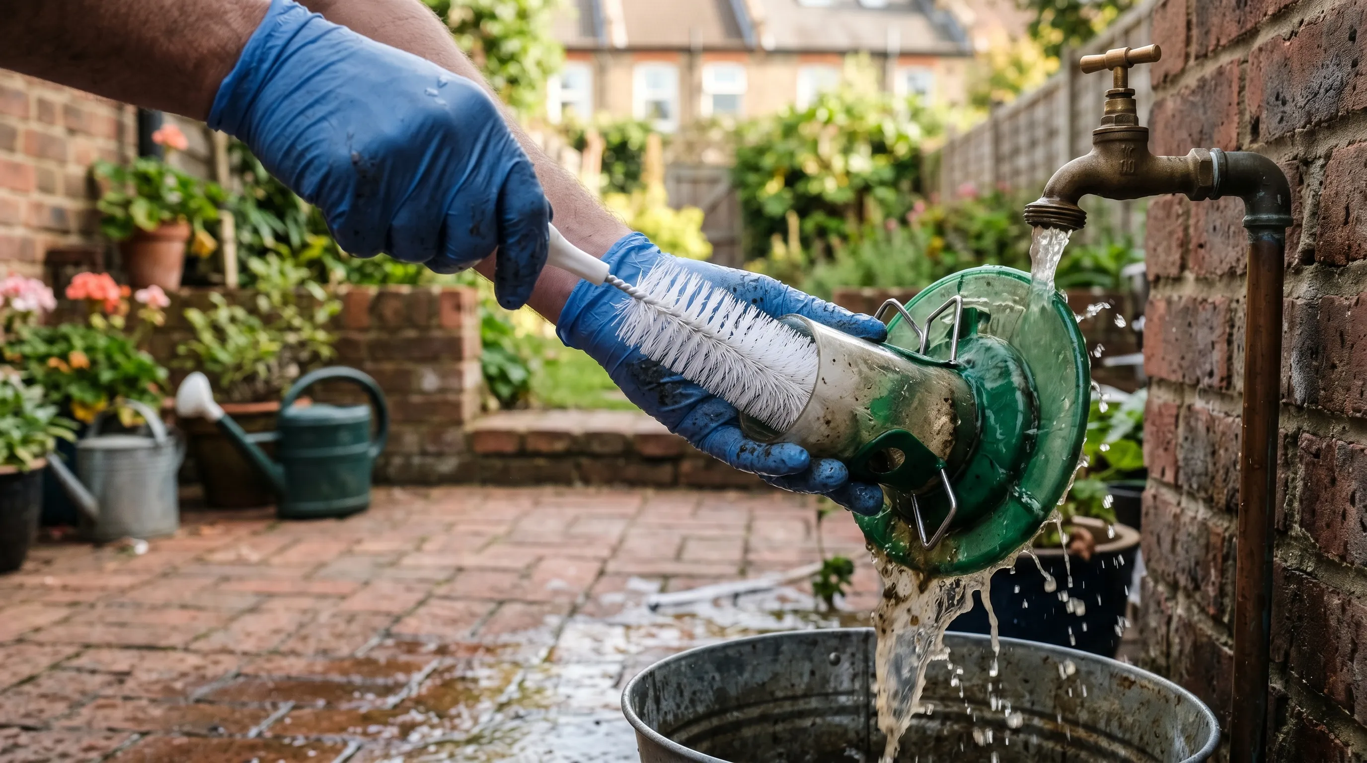 A gardener in blue nitrile gloves scrubbing a tube bird feeder with a long bottle brush at an outdoor tap, dirty water running off, on a terraced-house patio