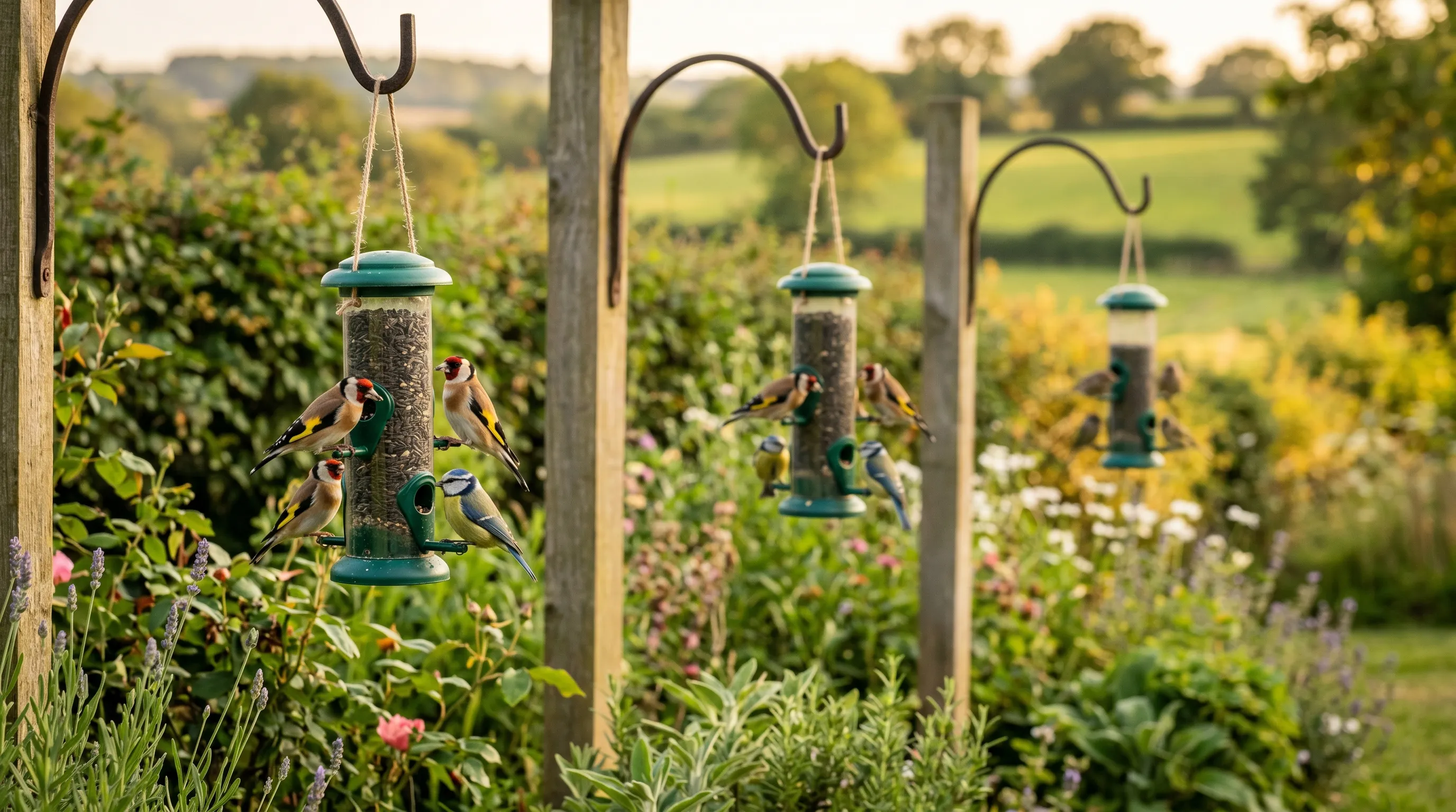 Three tube feeders spaced well apart across a rural UK garden border, goldfinches and blue tits feeding, with no flat surfaces in sight