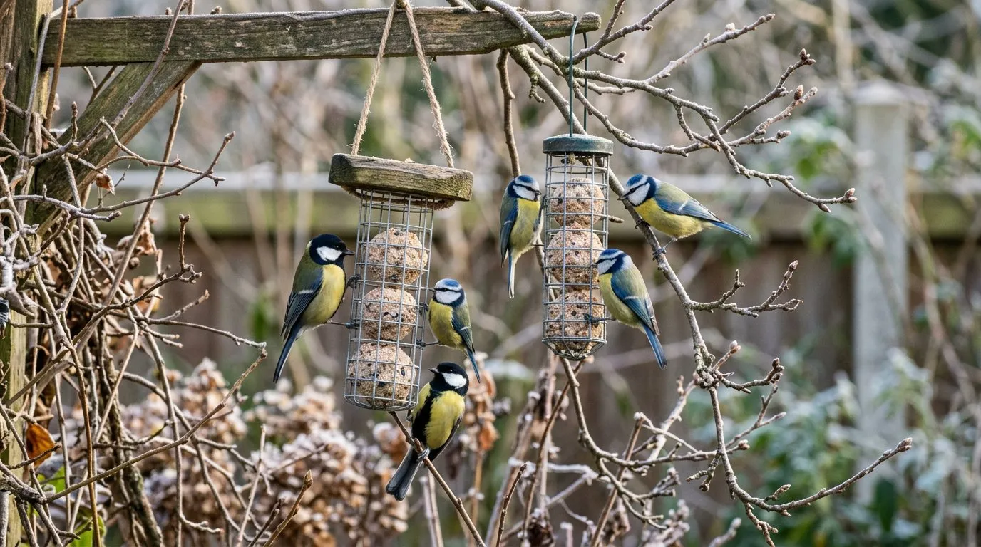 Bird feeding blue tits and great tits on hanging fat ball feeders in a UK winter garden