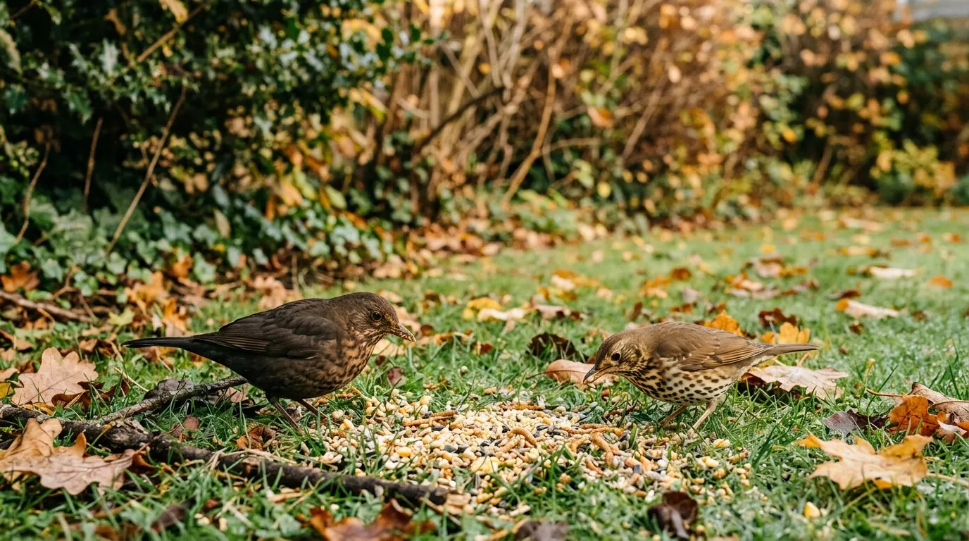 Bird feeding ground station with blackbird and song thrush on a UK garden lawn