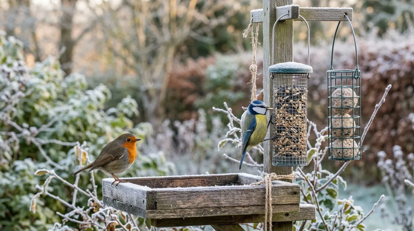 Garden bird feeding station in winter with a robin and blue tits feeding on sunflower hearts and fat balls