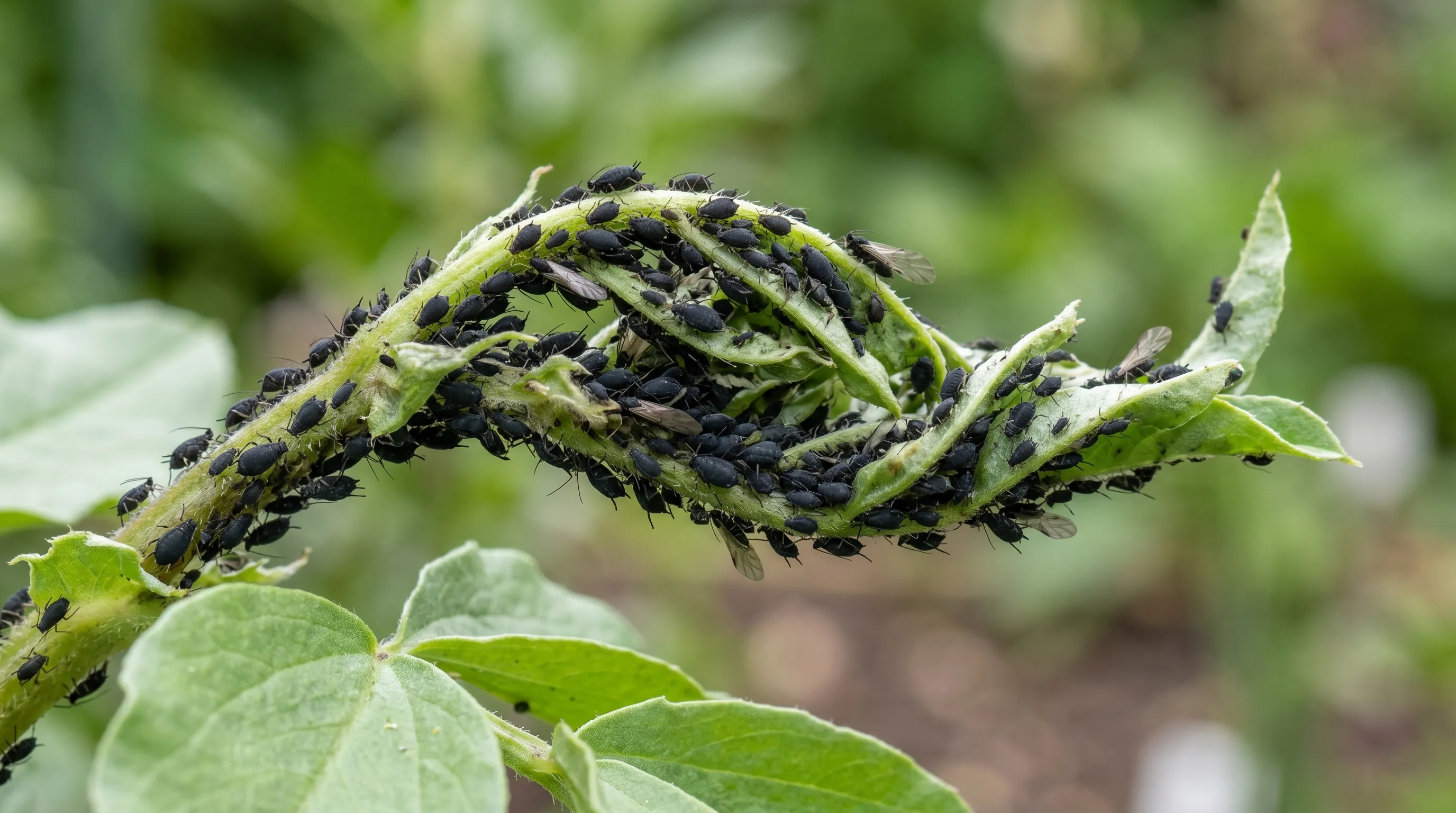 Dense cluster of black bean aphids on the curled growing tip of a UK broad bean plant in late May