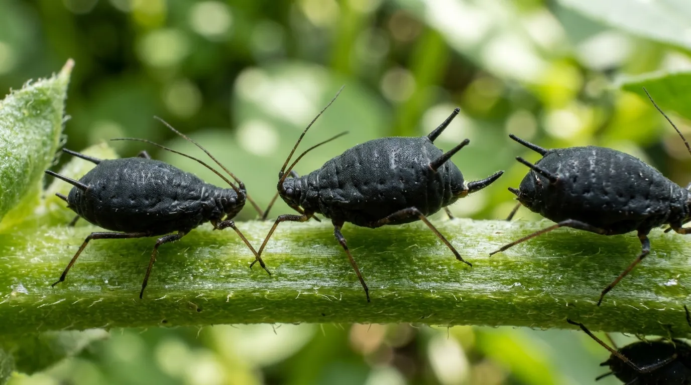 Extreme close-up of three black bean aphids on a bean stem showing matte-black bodies, pale leg joints and twin cornicles